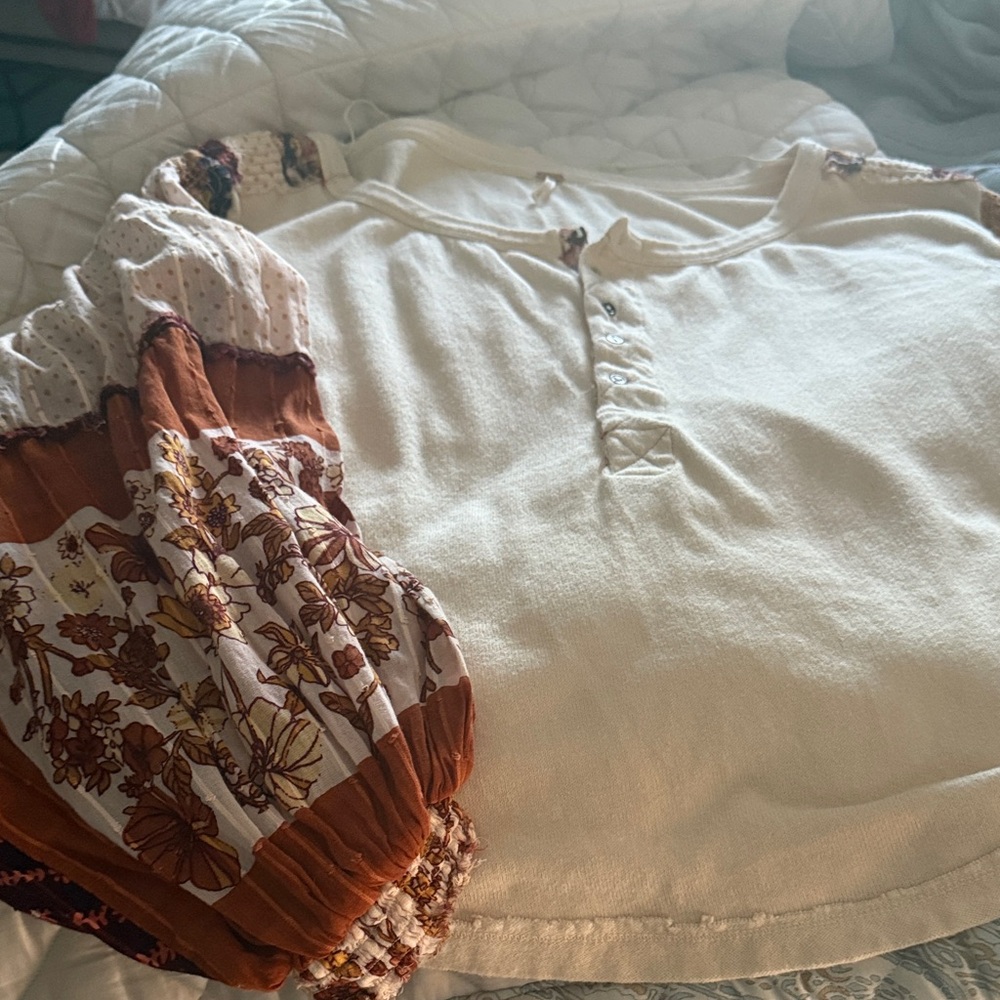 Free People Cream and Brown Long Sleeve Top - Picture 2 of 4